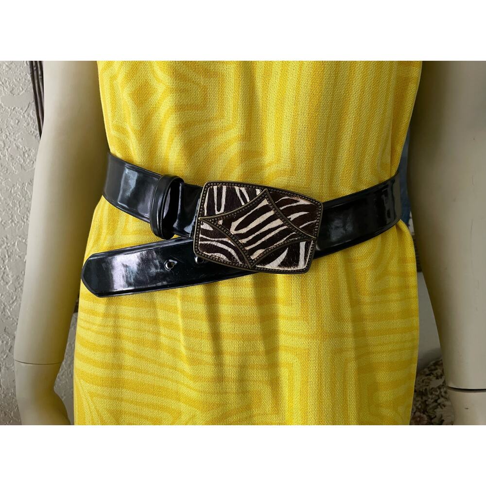 Oscar Leather Lined Ladies Belt Faux? Fur on Metal Buckle M Glossy Black